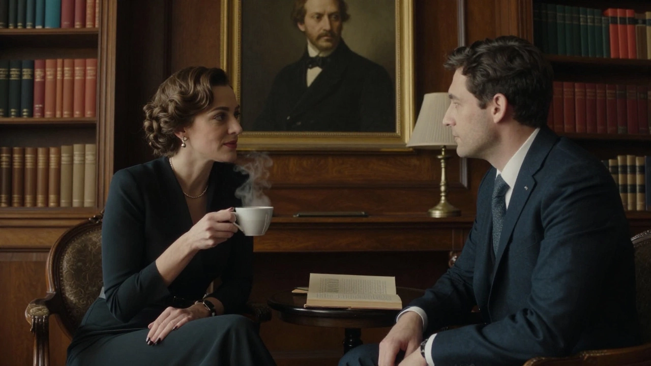 A client and companion converse in a cozy Paris study, surrounded by books and warm light.