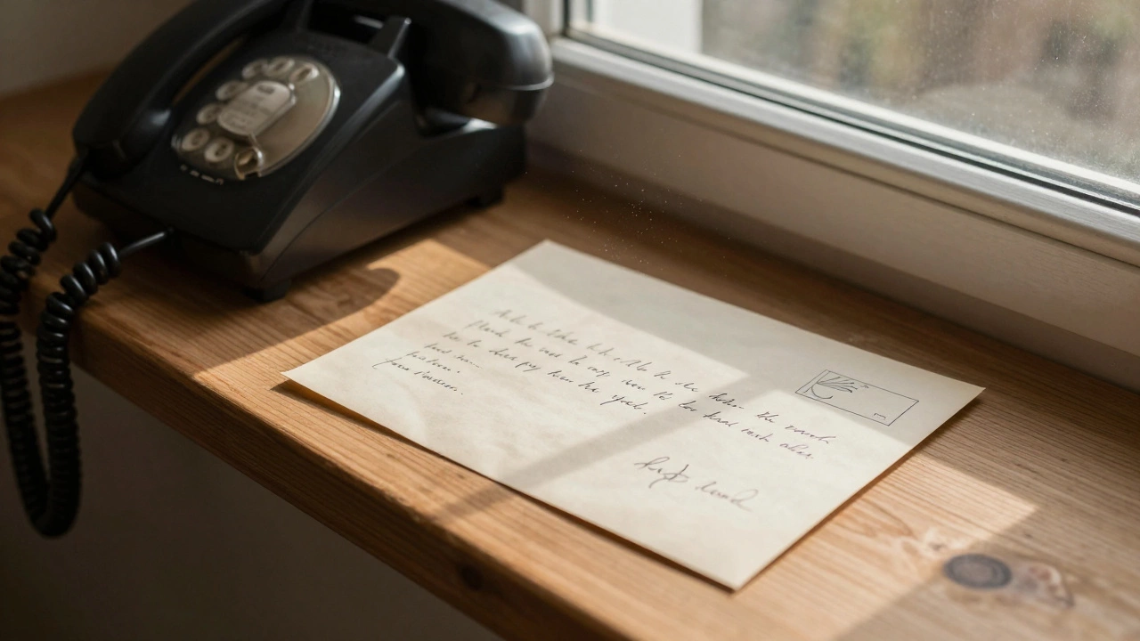 A handwritten letter on a windowsill with a vintage landline phone, no technology visible.