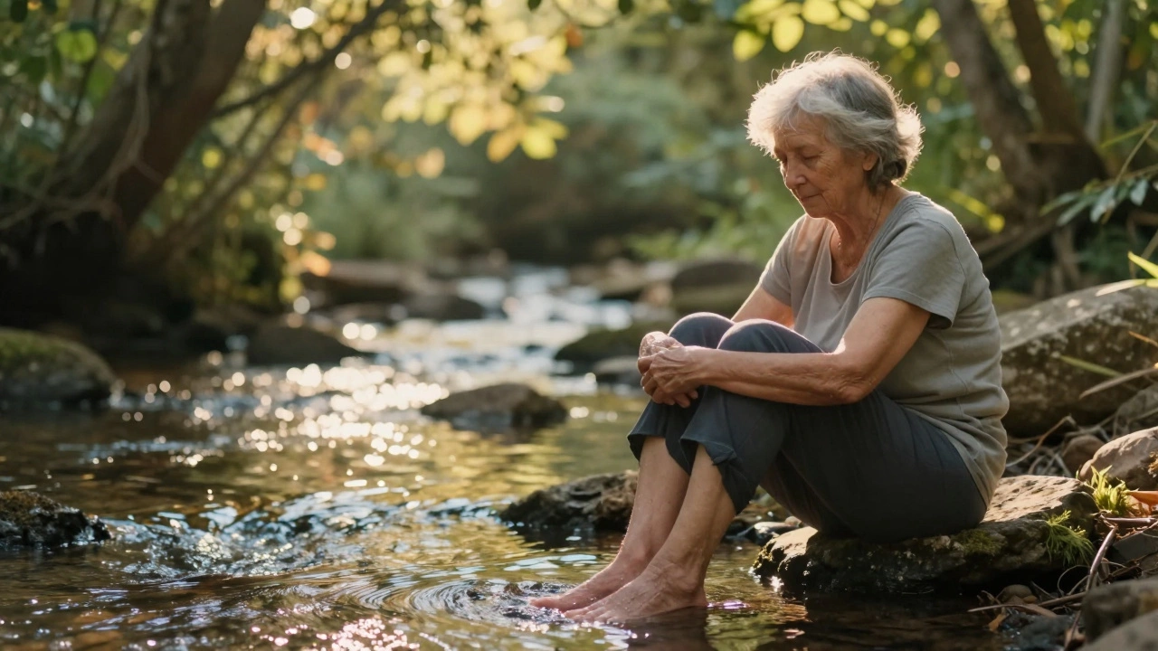 A woman sitting by a forest creek at sunset, barefoot and at peace, no devices around.