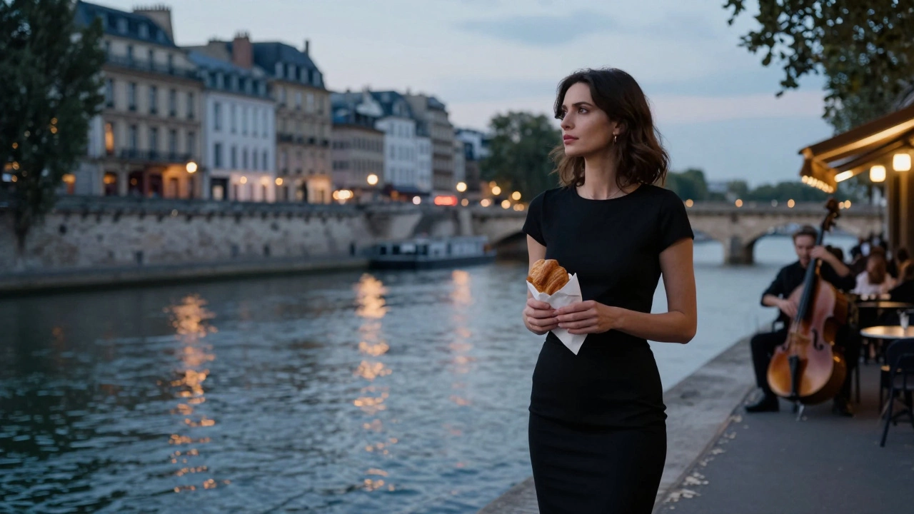 A woman stands by the Seine at dusk, holding a croissant as the city glows behind her.
